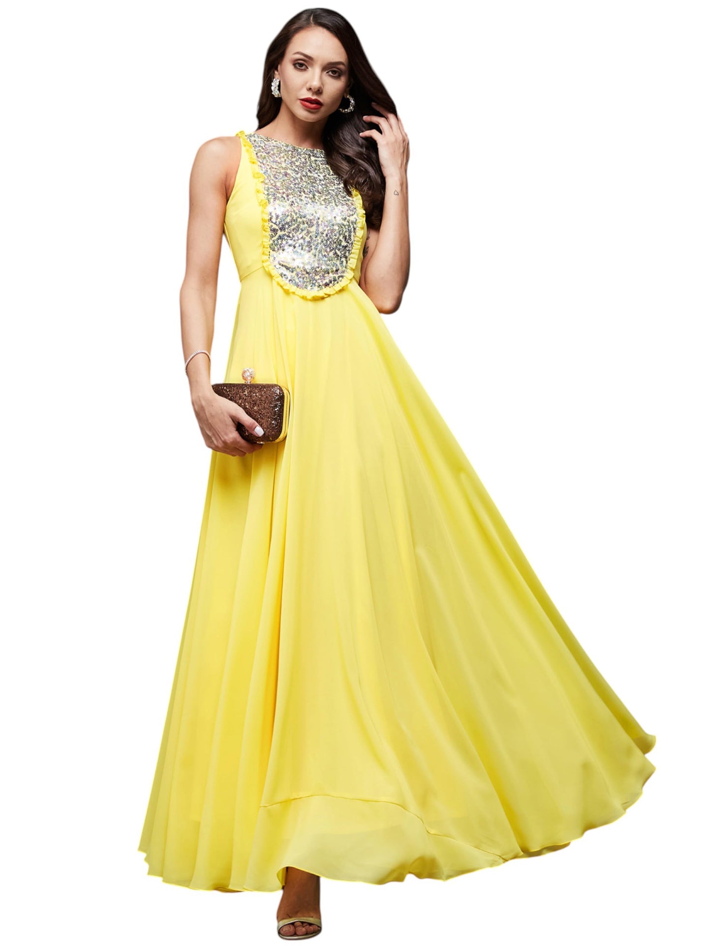 Miss Chase WomenS Round Neck Sleeveless Embellished Frilled Georgette Maxi Dress (Mcaw22D99-88-Efe-03, Carmine Yellow, S)