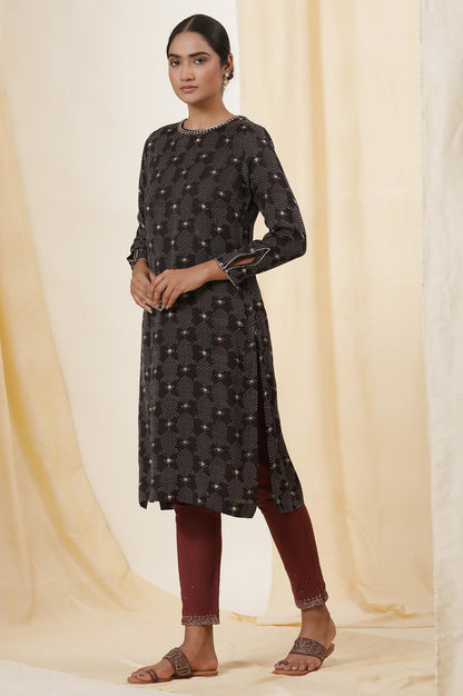 W for Woman Folksong Black Festive Geometric Print Viscose Straight Kurta