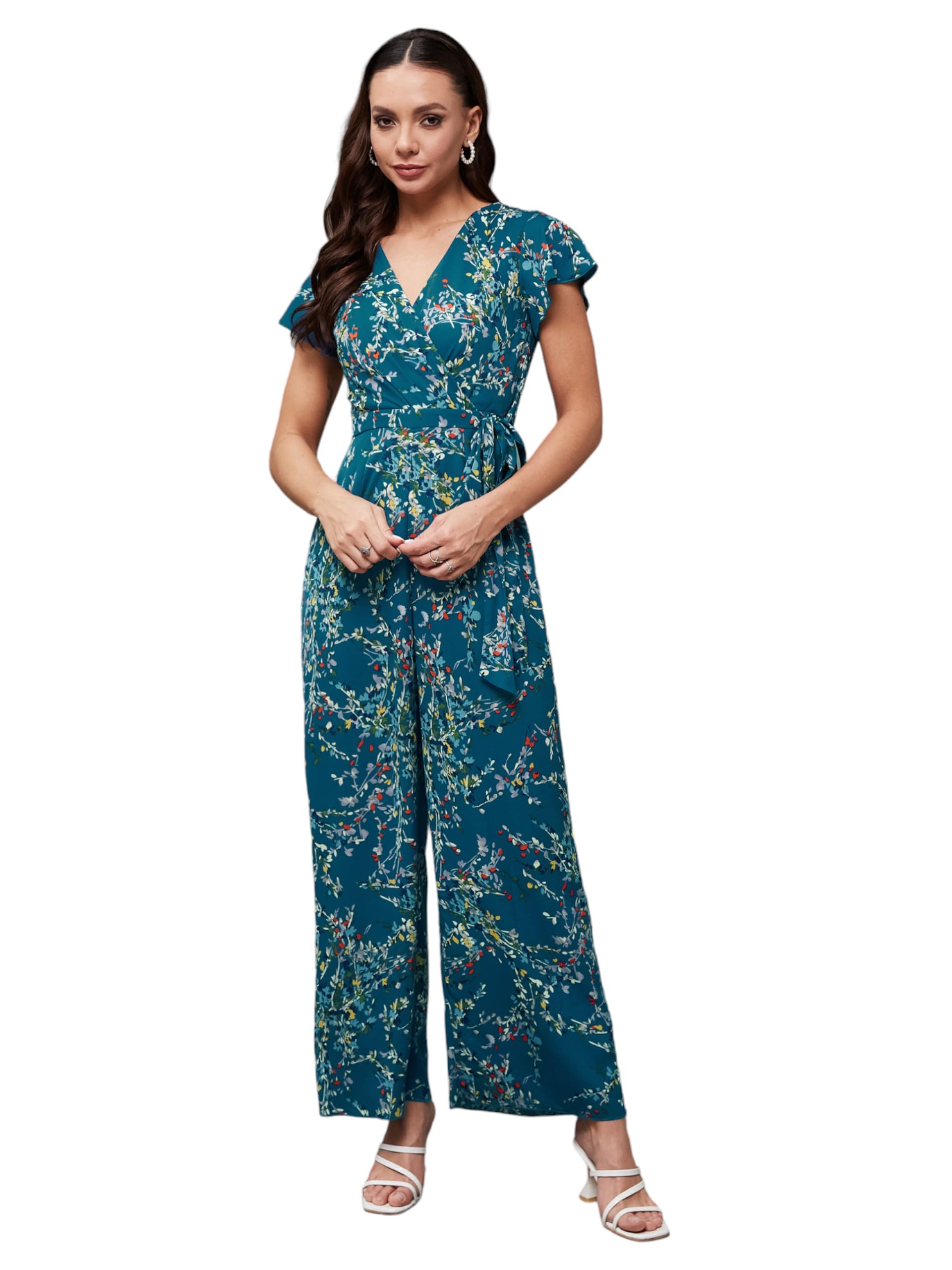 Miss Chase WomenS V-Neck Short Sleeve Floral Wrap Regular Length Pocketed Jumpsuit (Mcss24D19-36-176-05, Multicolored-Base-Turqu
