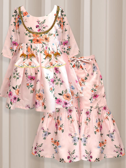 A.T.U.N. (All Things Uber Nice) A.T.U.N. Girls Ethnic Wear Sharara | Floral White And Pink Printed Kurta With Sharara Set For Gi