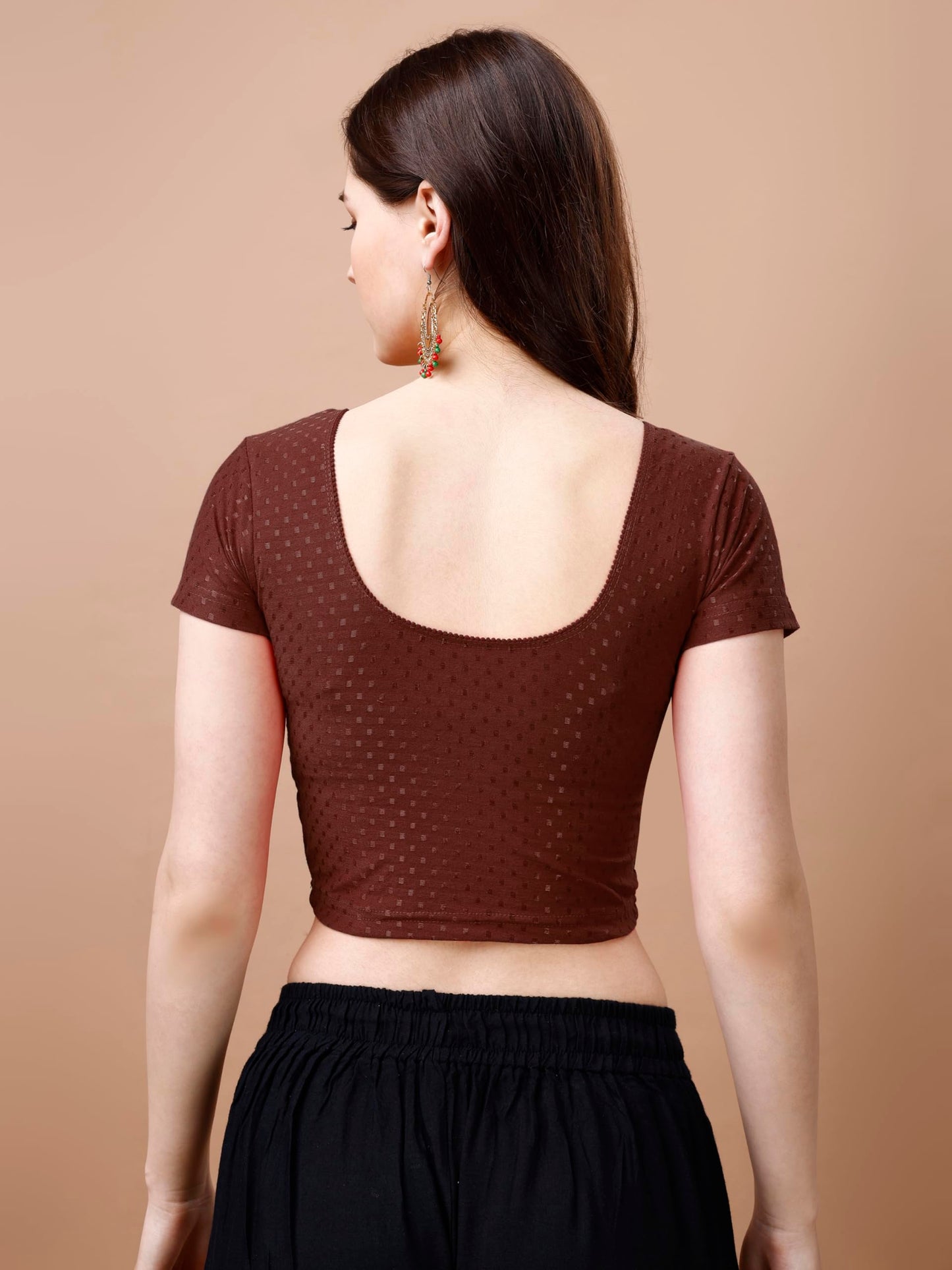 Pujia Mills Womens Readymade Dobby Cotton Lycra Stretchable Round Neck Short Sleeve Blouse Fancy Brown Color Lycra Stretchable