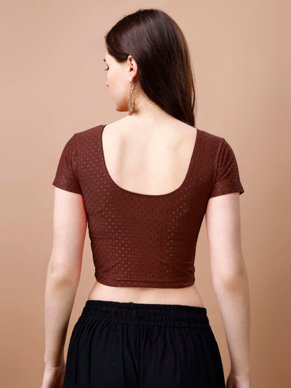 Pujia Mills Womens Readymade Dobby Cotton Lycra Stretchable Round Neck Short Sleeve Blouse Fancy Brown Color Lycra Stretchable