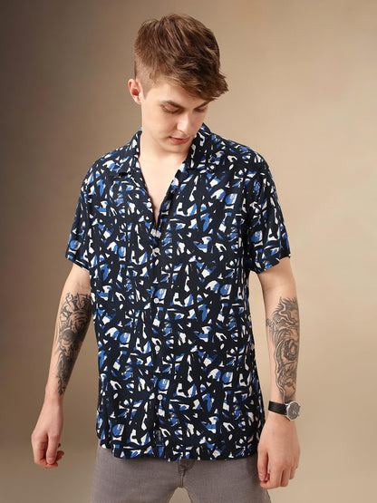 Dennis Lingo Men Navy Blue Rayon Half Sleeve Cuban Collar Aop Shirts_Dlmshmjj24001