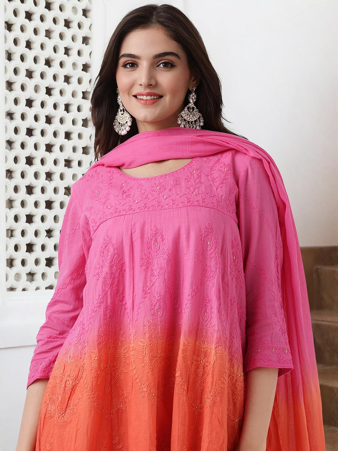 Ishin Ombre Dyed Threadwork Kurta With Pants And Dupatta