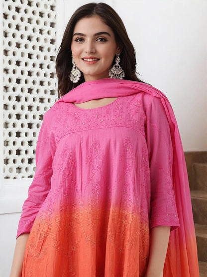 Ishin Ombre Dyed Threadwork Kurta With Pants And Dupatta