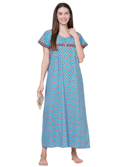 Evolove WomenS Cotton Long Maxi Night Gown Nighty Dress With Pocket & Stylish Button, Super Soft Comfortable (Rich Turquoise, L