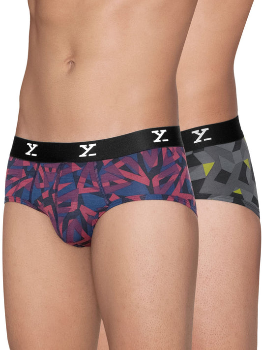 XYXX Mens Modal Slim Geometric Briefs (Pack of 2) (XY_R5_BRF_02_Triad Red + Prism Grey
