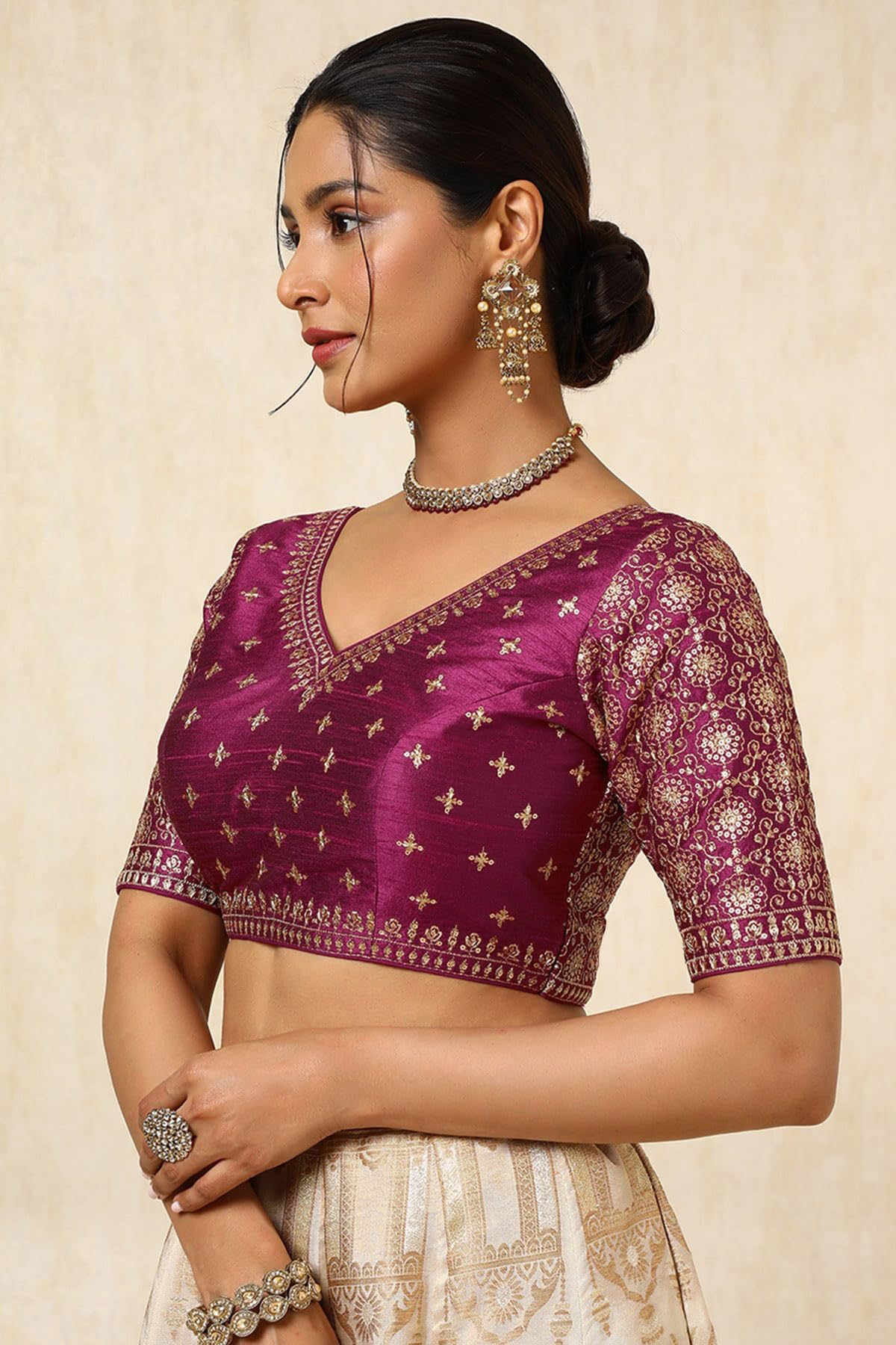 Soch Womens Magenta Tussar Embroidered Padded Blouse With Sequins