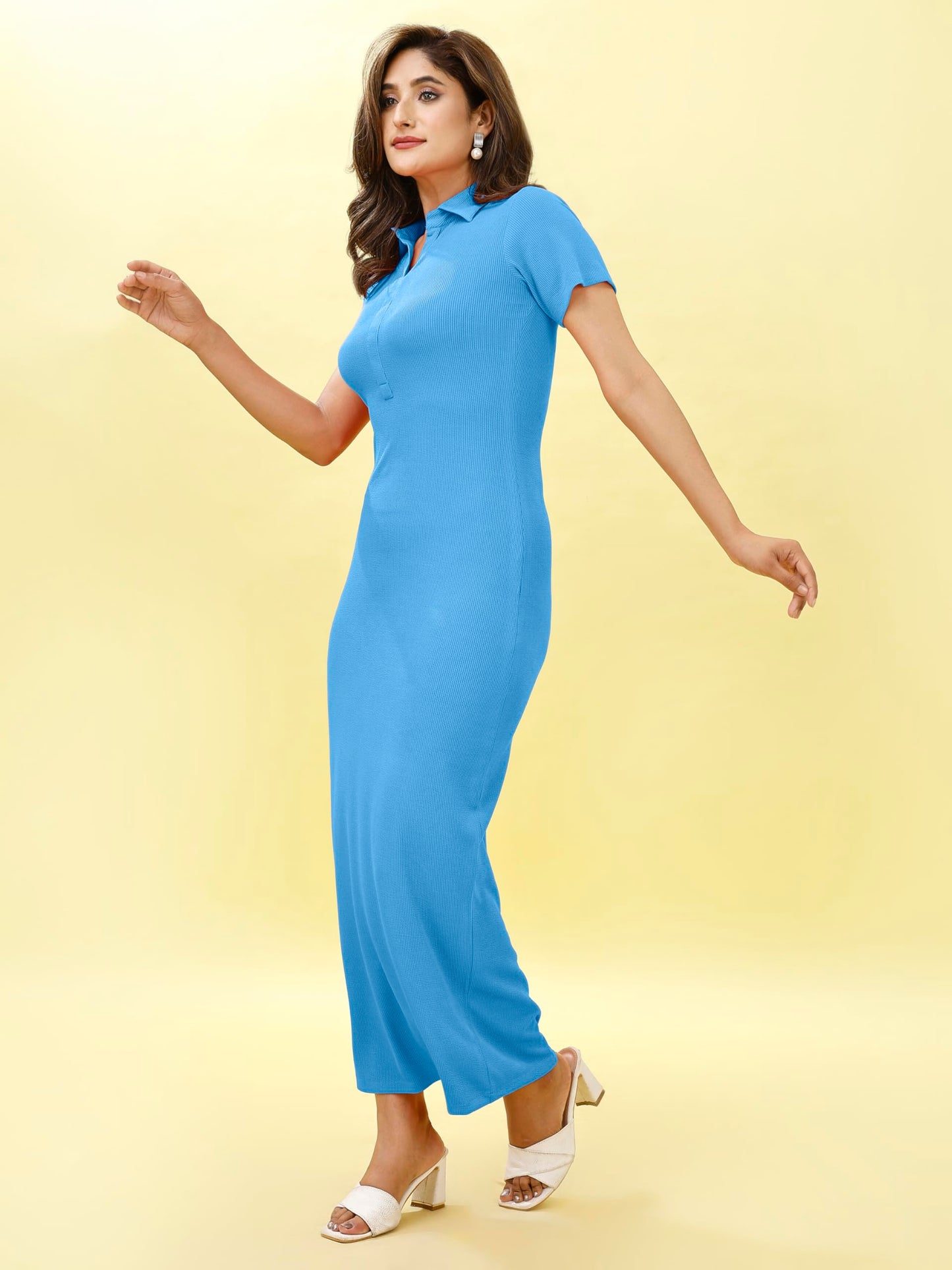 Oomph! WomenS Western & Fusion Wear Stretchable Ribbed Lycra Shirt Dress For Women, Bodycon, Blue - Md1015