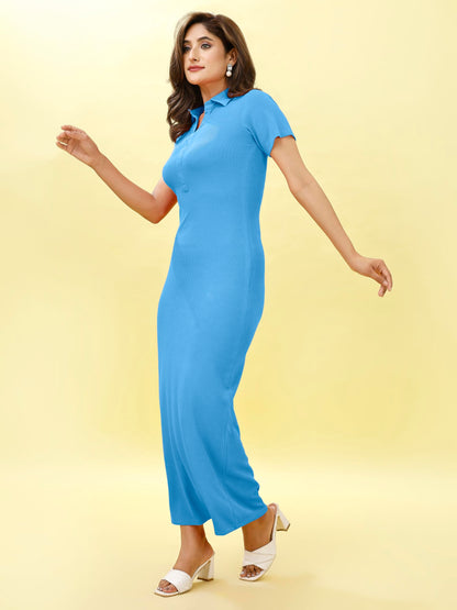 Oomph! WomenS Western & Fusion Wear Stretchable Ribbed Lycra Shirt Dress For Women, Bodycon, Blue - Md1015