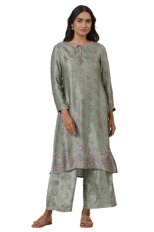 W for Woman Folksong Green Festive Printed Viscose A-Line Kurta