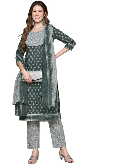 anubhutee Women Teal Ethnic Motifs Printed Pure Cotton Kurta with Trousers & With Dupatta