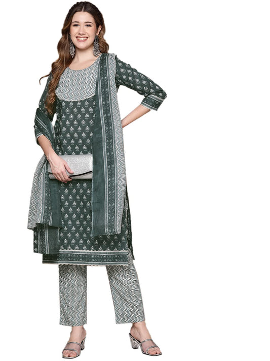 anubhutee Women Teal Ethnic Motifs Printed Pure Cotton Kurta with Trousers & With Dupatta