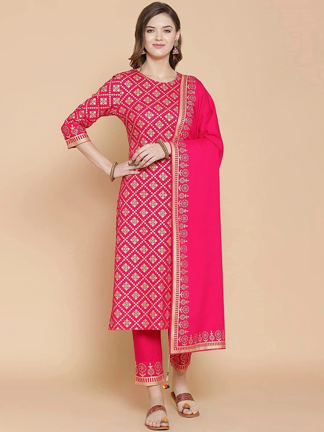 ANNI DESIGNER Women's Cotton Blend Straight Kurta with Palazzo & Dupatta