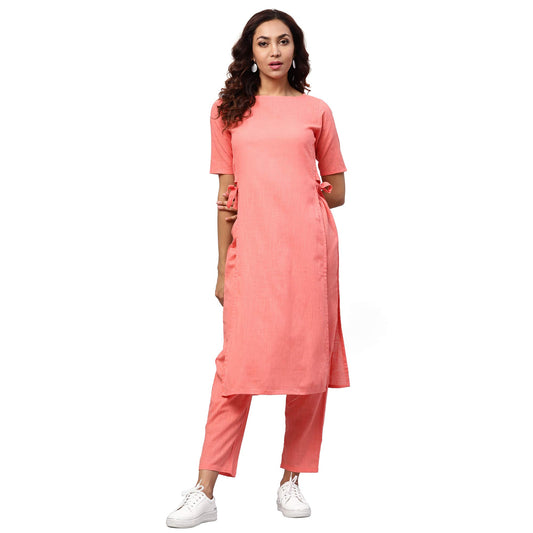 Idalia Rayon Peach Solid Straight Kurta Set For Women 3/4 Sleeve, Round V Neck Designer Kurta With Pant