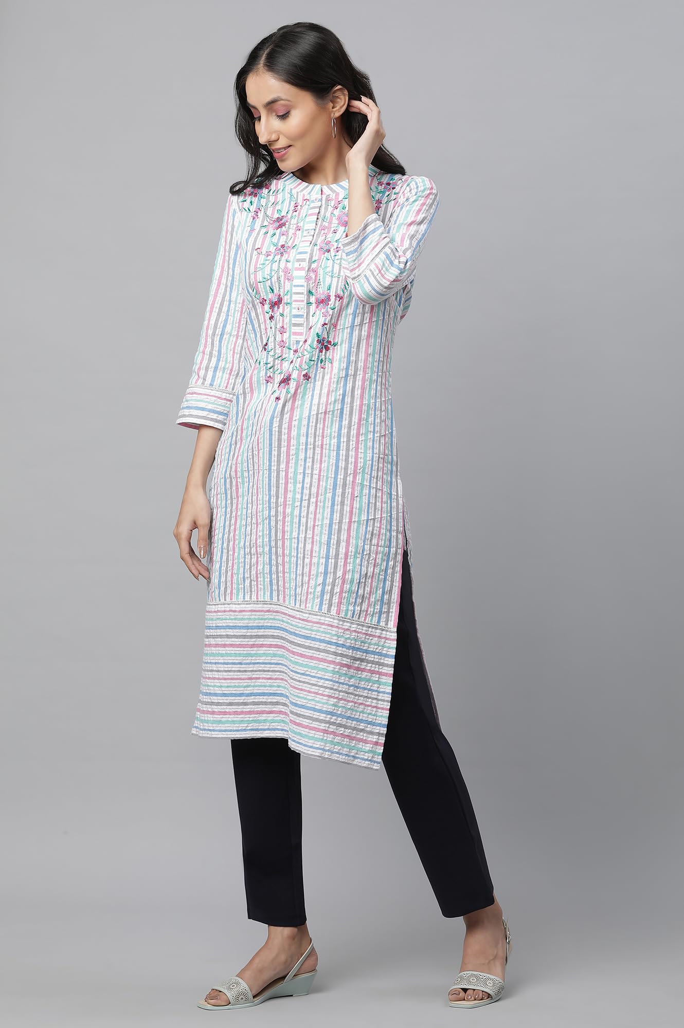 Aurelia Multi Striped Thread Embroidered Cotton Regular Kurta For Women
