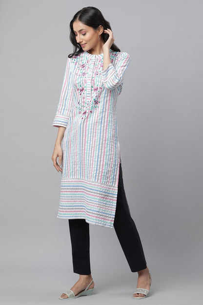 Aurelia Multi Striped Thread Embroidered Cotton Regular Kurta For Women