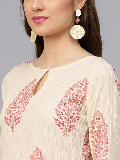 Idalia Cream And Baby Pink Hand Block Print Kurta With Cotton Pants