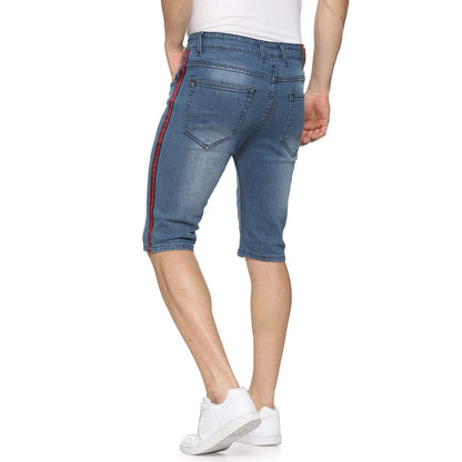 Campus Sutra Mens Classic Blue Light-Washed Distressed Side Striped Regular Fit Denim Shorts | Mid-Rise Stretchable Cotton Denim
