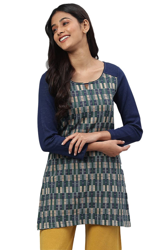 Aurelia Women Sailor Blue Cotton Blend Geometric Yarn Dyed Straight Kurta
