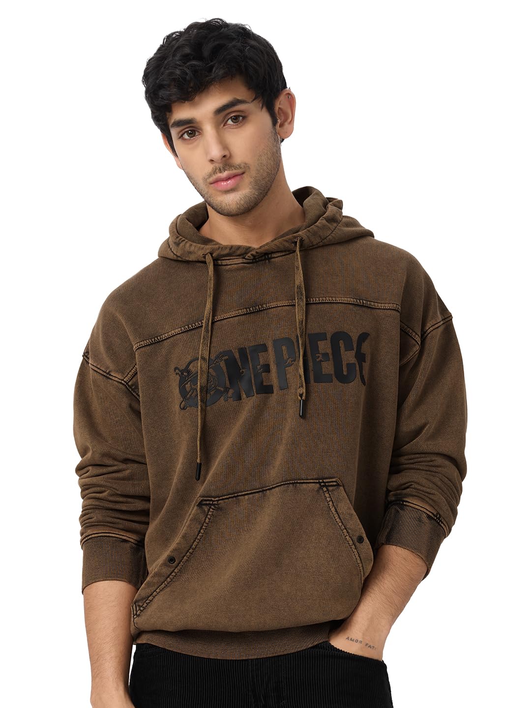 The Souled Store One Piece: Pirates Men and Boys Long Sleeves Hooded Neck Cotton Oversized Hoodies Brown