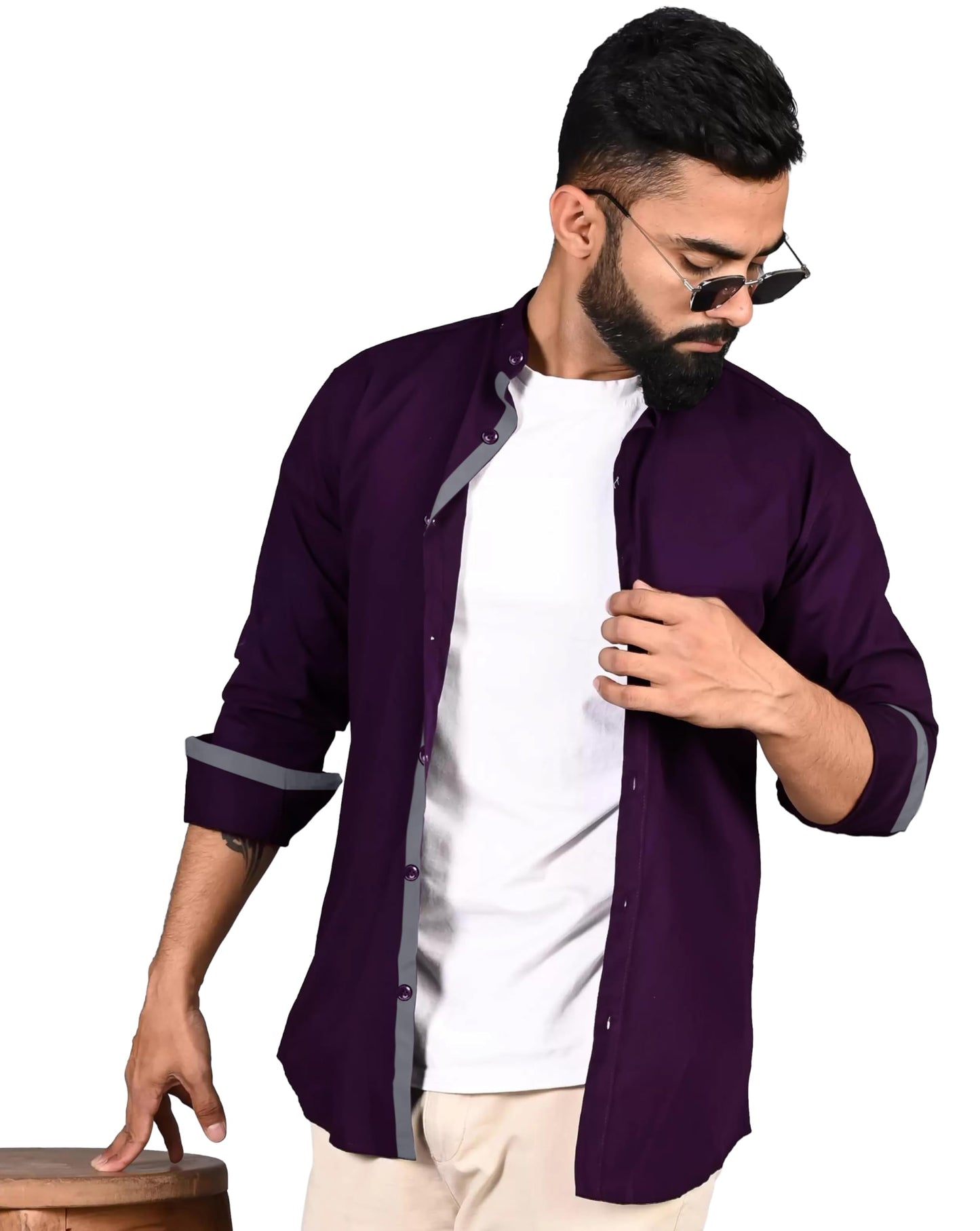 Pinkmint Shirt for Men Cotton Spread Collar Button Down Long Sleeve Shirt Home, Regular, Home (Pack of 1) Purple