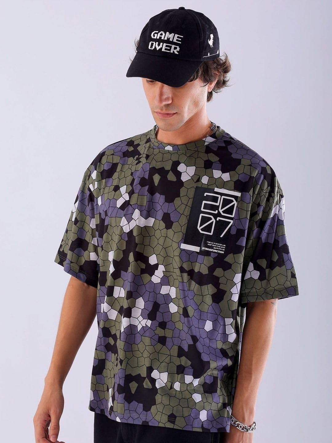 The Indian Garage Co Men Oversized Abstract Printed Round Neck Tshirt Olive