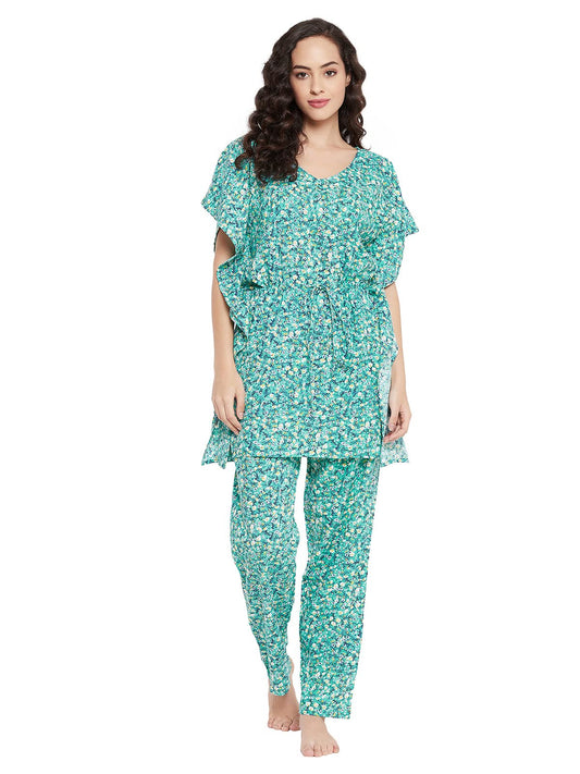 Clovia Womens Crepe Pretty Florals Kaftan Top & Pyjama Set (LS0592P11_Green_S)