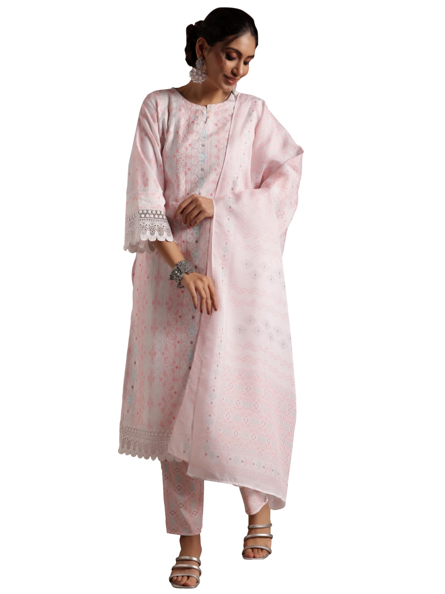 Libas Womens Embroidered Cotton Blend Straight Kurta With Palazzos And Dupatta