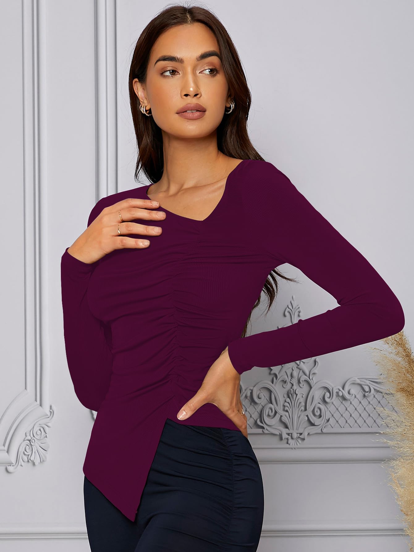 Shasmi Womens & Girls Light Purple Long Sleeve Asymmetrical Neck Solid Color Ruched Front Asymmetrical Hem Tee Workwear Fancy