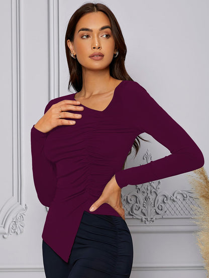 Shasmi Womens & Girls Light Purple Long Sleeve Asymmetrical Neck Solid Color Ruched Front Asymmetrical Hem Tee Workwear Fancy
