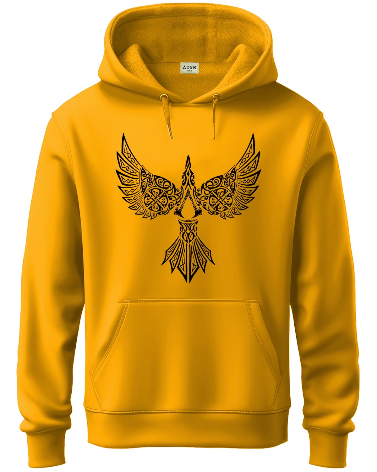 ADRO Men's Cotton Neck Hooded Sweatshirt (H24-BIRD-MU_Mustard