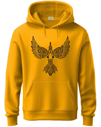 ADRO Men's Cotton Neck Hooded Sweatshirt (H24-BIRD-MU_Mustard
