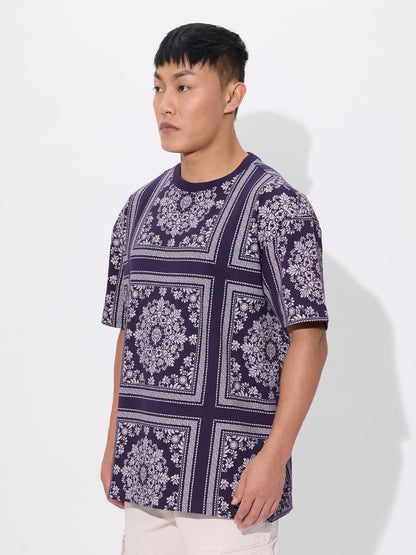 The Souled Store Cosmic Bandana Men and Boys Short Sleeves Round Neck Purple All Over Printed Cotton Oversized T-Shirts
