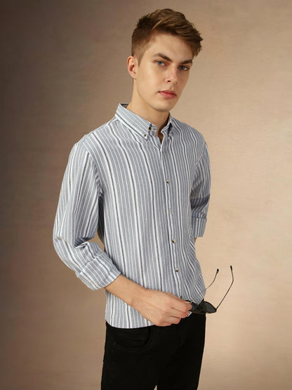 Dennis Lingo Men Blue Stripes Relaxed Fit Full Sleeve Button Down Collar Shirts