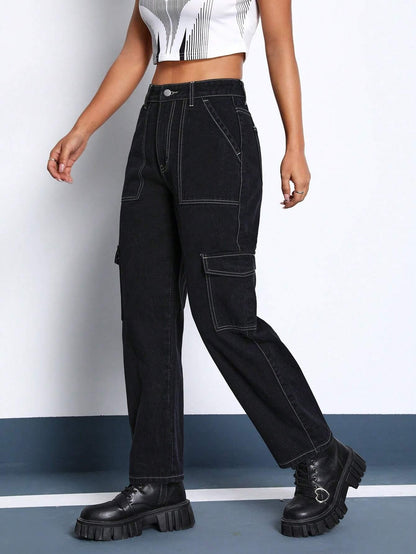 Kotty Womens Solid High Waist Cargo Jeans