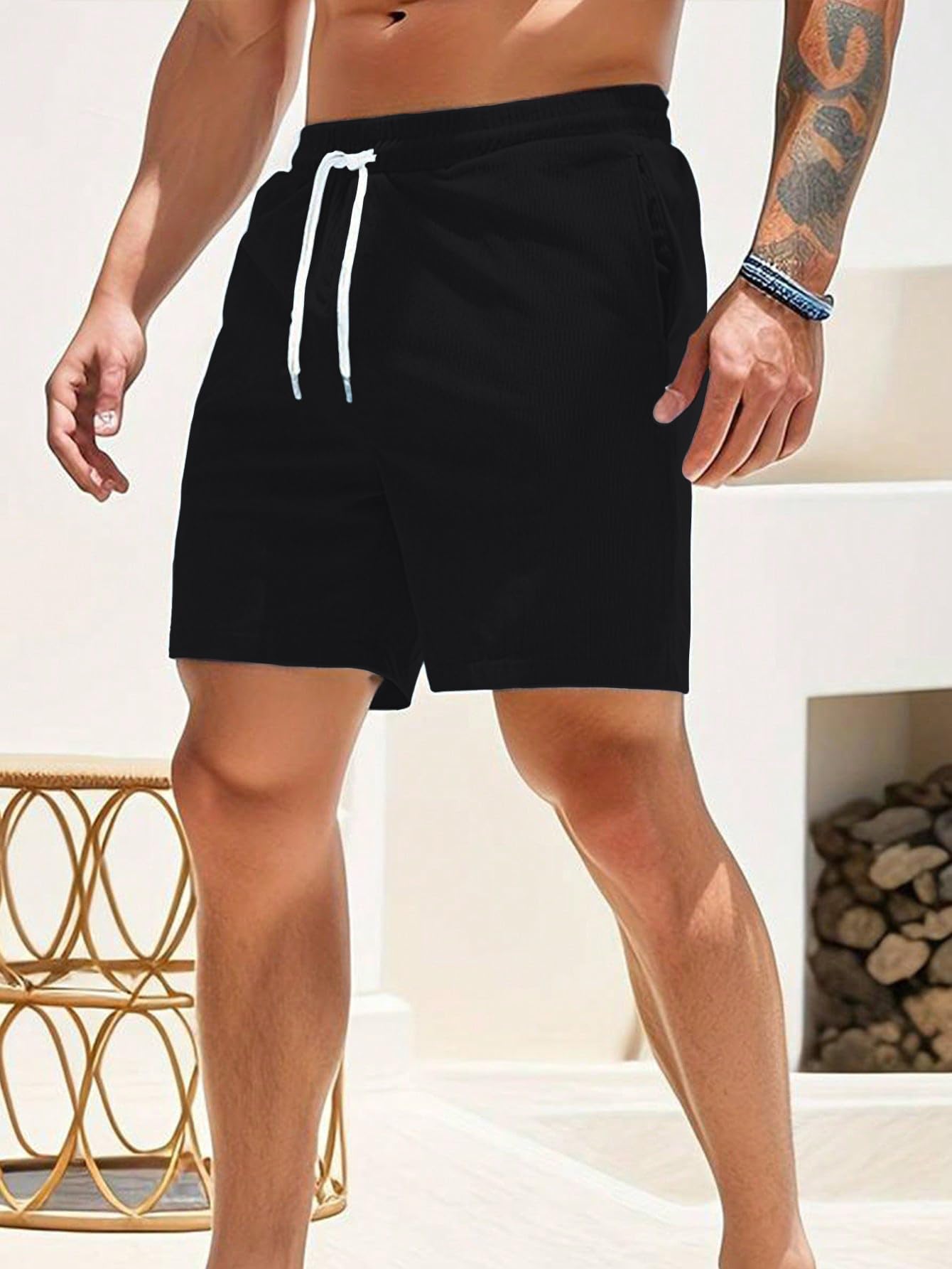 AVANOVA Mens Black Solid Color Loose Fit Drawstring Short with Pockets, Casual Patch Pocket Waist Letter Print Shorts (Shotrs 1
