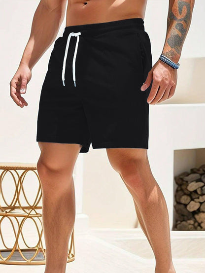 AVANOVA Mens Black Solid Color Loose Fit Drawstring Short with Pockets, Casual Patch Pocket Waist Letter Print Shorts (Shotrs 1
