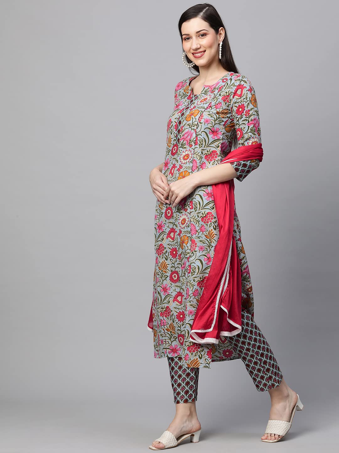 ANNI DESIGNER Women's Pure Cotton Printed Straight Kurta, Pant & Dupatta (Sunu)