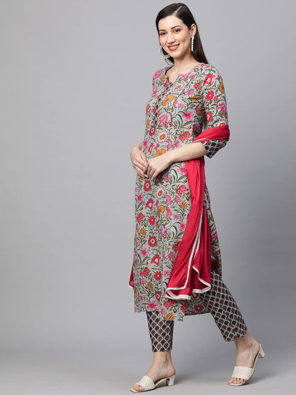 ANNI DESIGNER Women's Pure Cotton Printed Straight Kurta, Pant & Dupatta (Sunu)