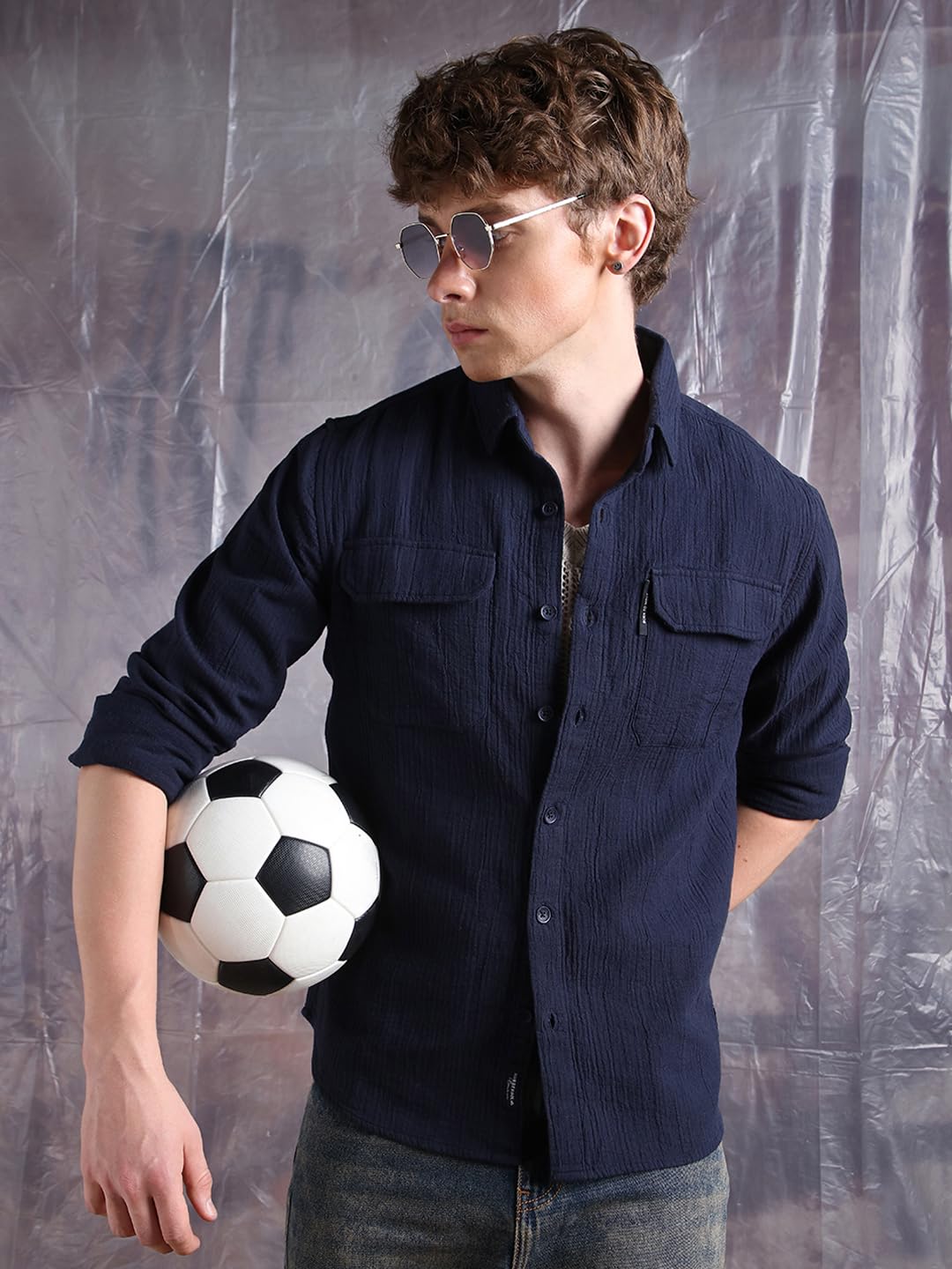 Hubberholme Men Relaxed Fit Spread Collar Fullsleeve Self Design Shirts 29 Navy Blue