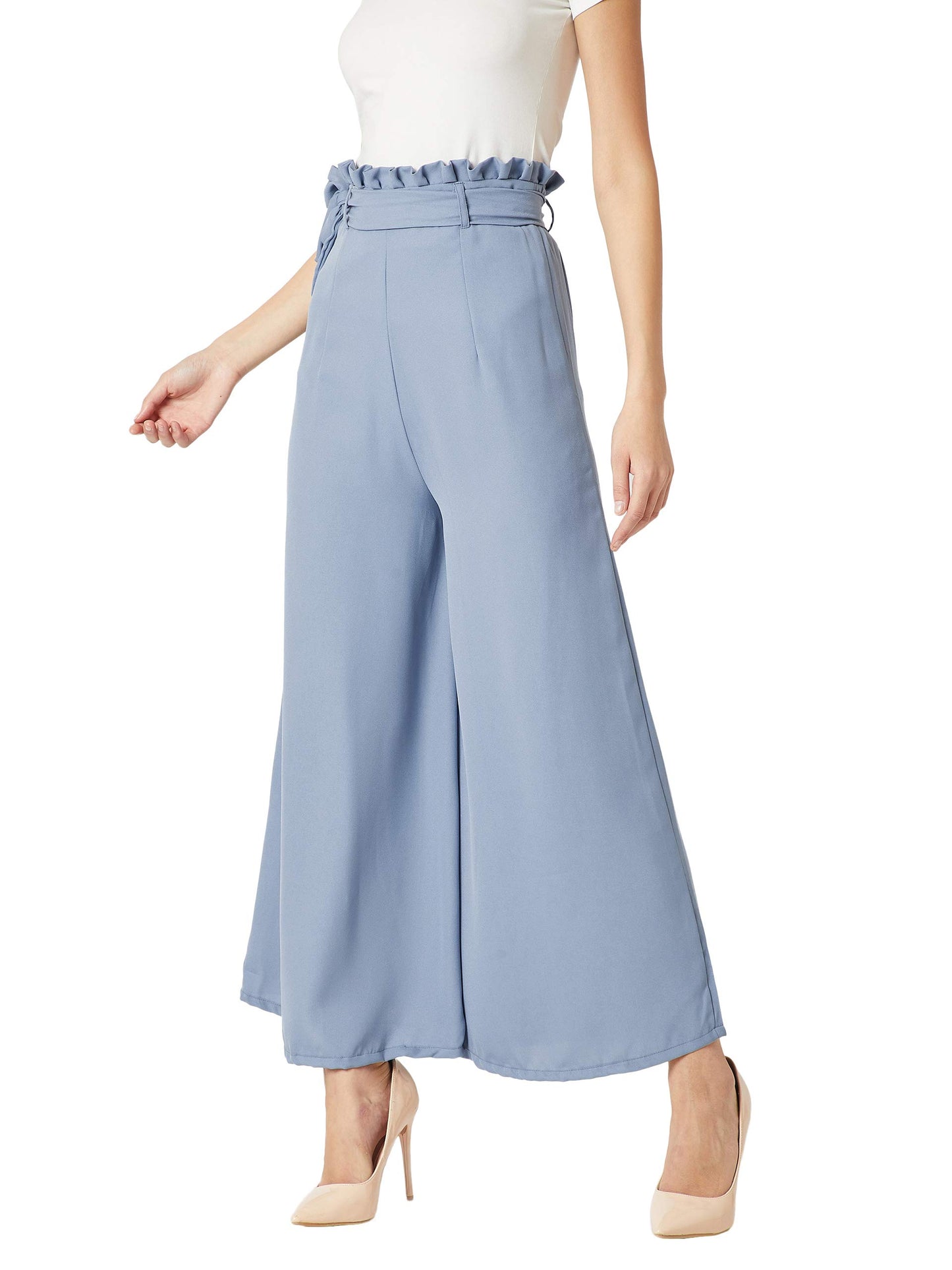 Miss Chase WomenS Blue Wide-Leg Trouser Pants(Mcss18Bt02-32-115-06_Blue_X-Large)