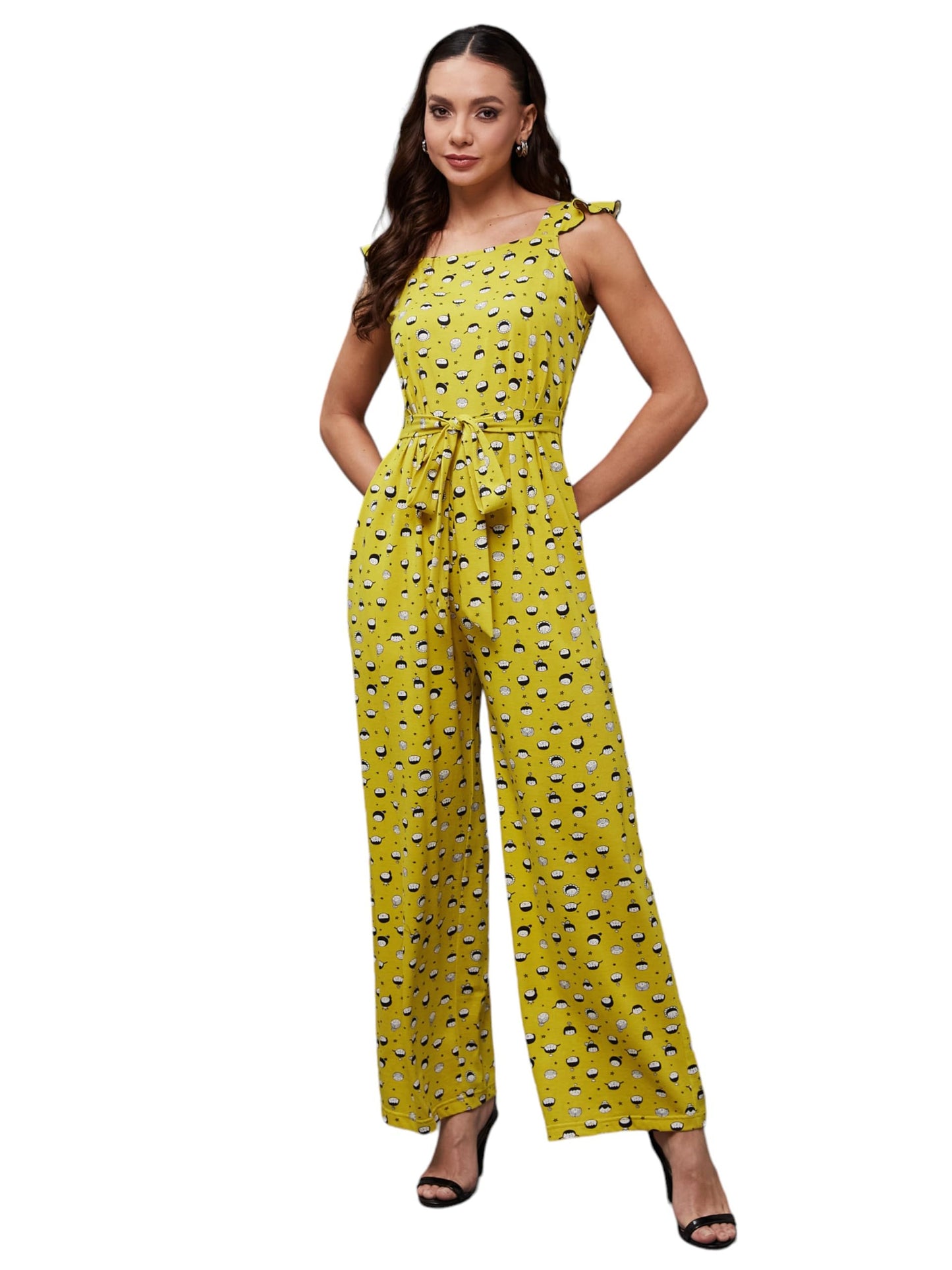 Miss Chase Womens Square Neck Sleeveless Waist Tie-Up Regular Length Pocketed Cotton Jumpsuit (MCSS24D19-16-207-06, Multicolore
