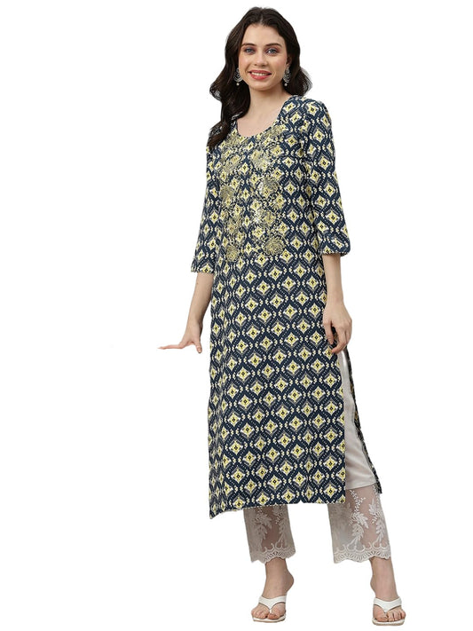 GoSriKi Women's Cotton Blend Printed & Embroidered Straight Kurta