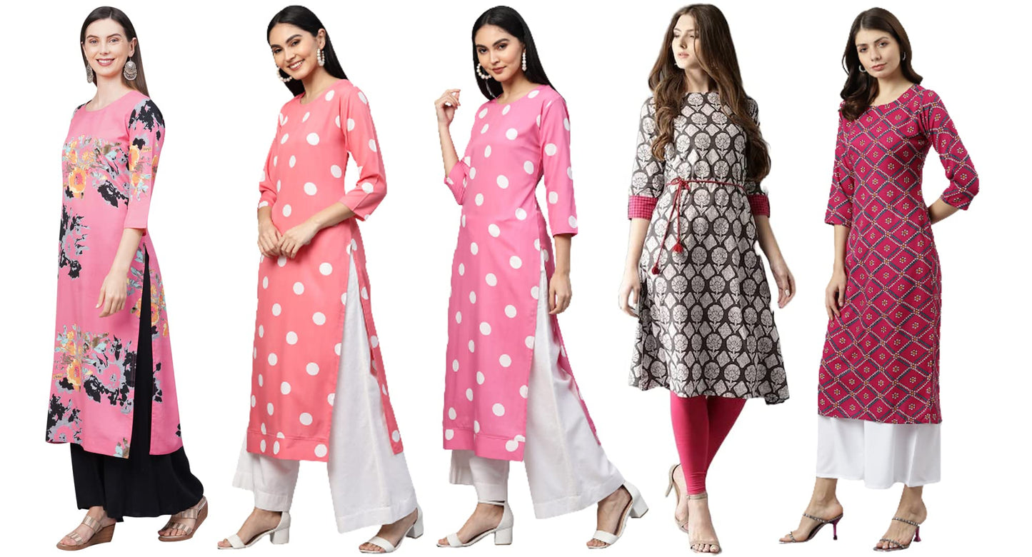 ANNI DESIGNER Women's Crepe Straight Printed Kurta Pack of 5 (Crepe-Combo-NW_002)