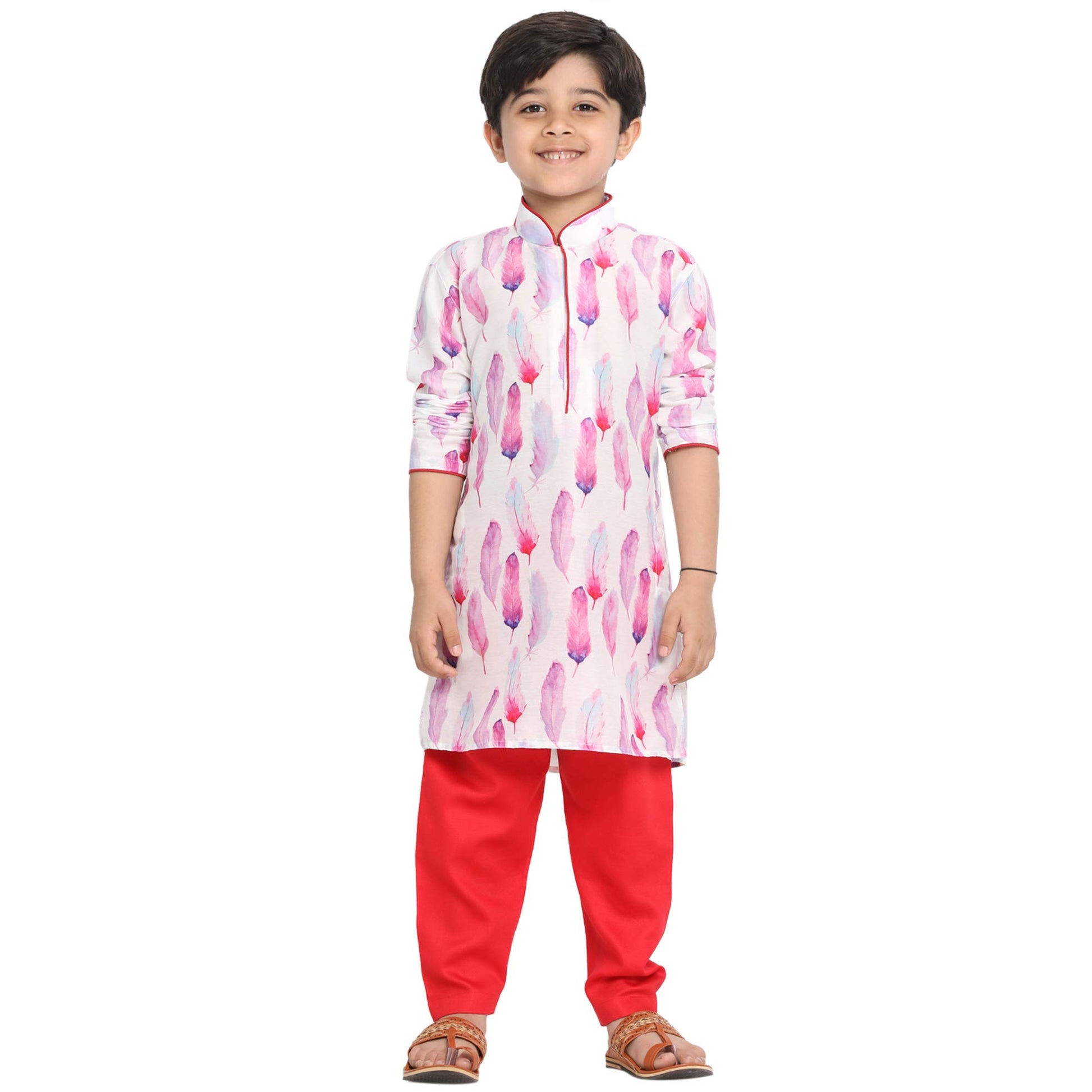 Jbn Creation Boys Multicolor-Base-White Cotton Blend Kurta And Pyjama Set