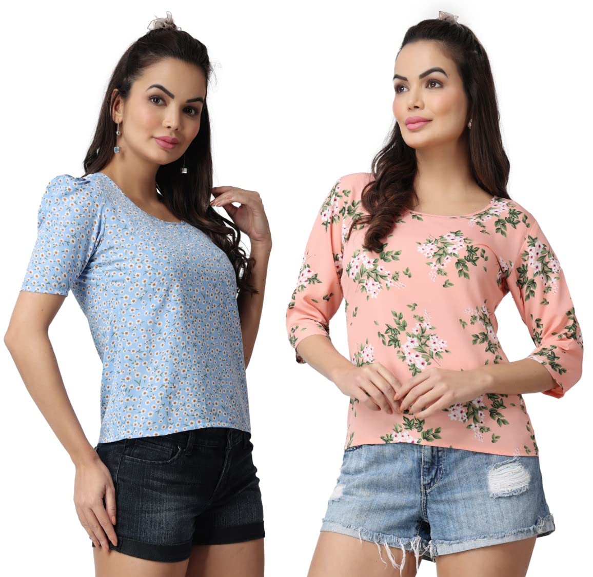POPWINGS Casual Floral Printed Round-Neck Puff-Sleeves Tops Combo for Women