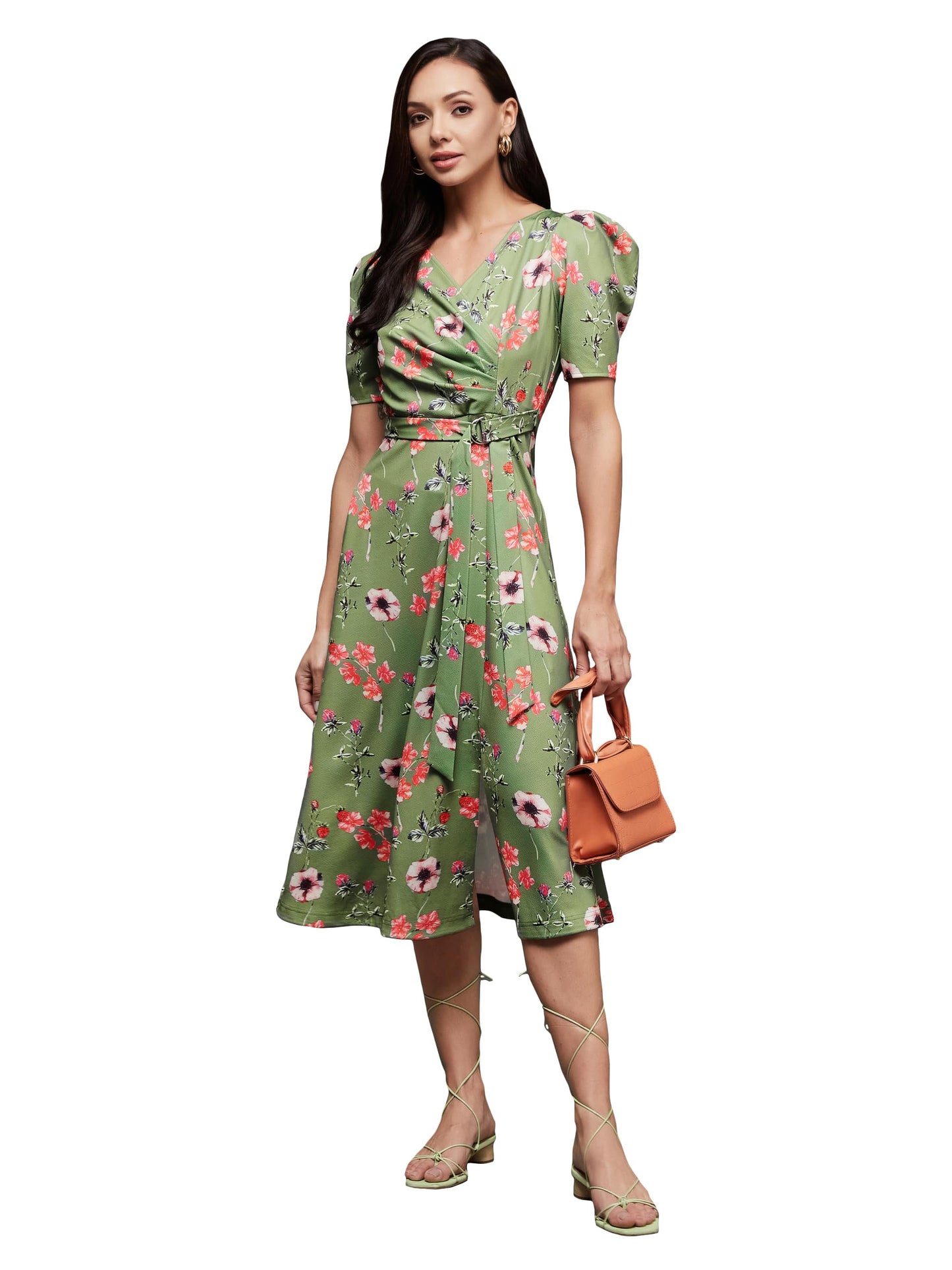 Miss Chase WomenS Multicolored-Base-Green V-Neck Pleated Puff Sleeve Floral Wrap Midi Polyester Dress (Mcaw21D14-84-166-06, Mul