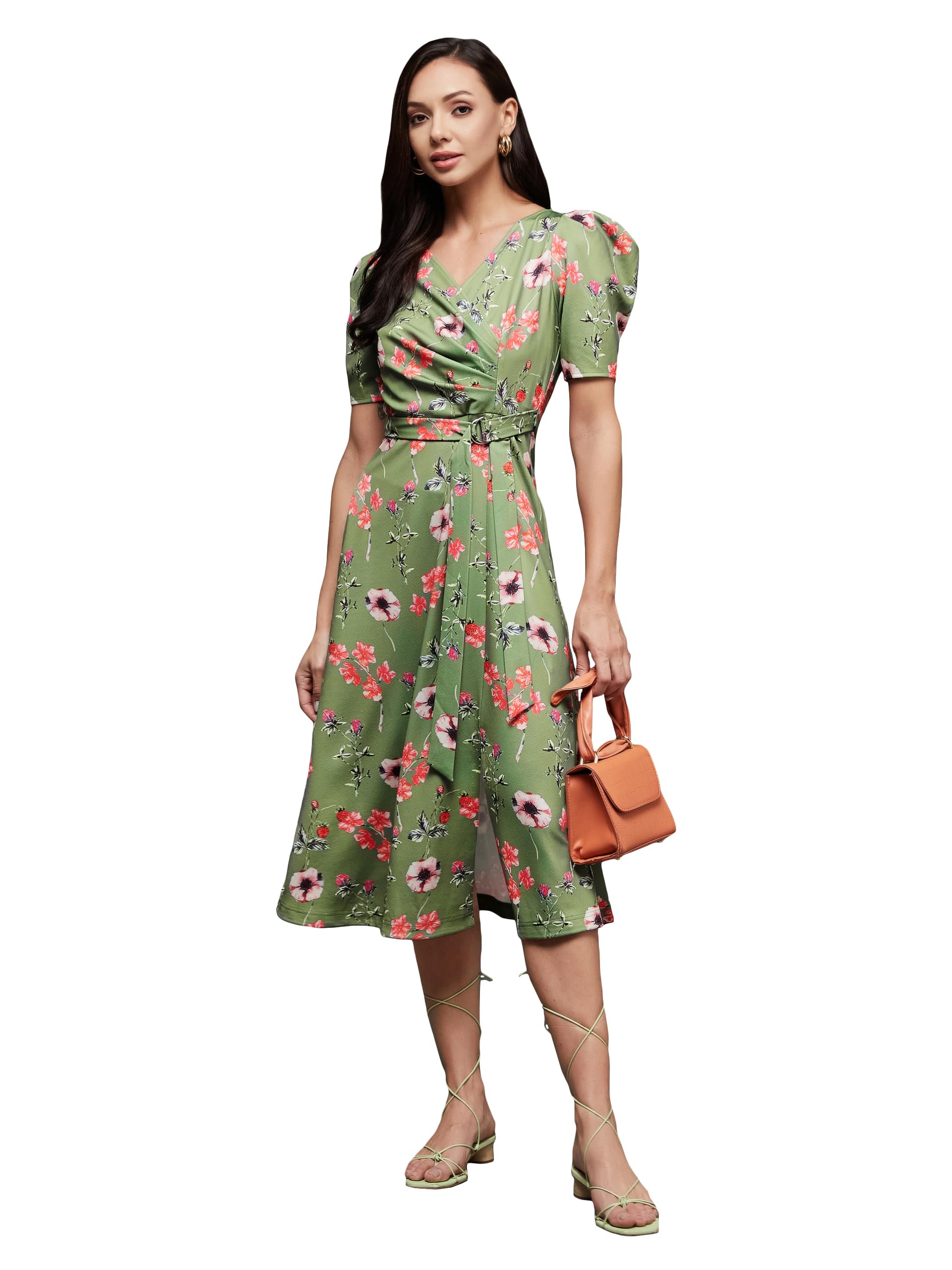 Miss Chase WomenS Multicolored-Base-Green V-Neck Pleated Puff Sleeve Floral Wrap Midi Polyester Dress (Mcaw21D14-84-166-06, Mul
