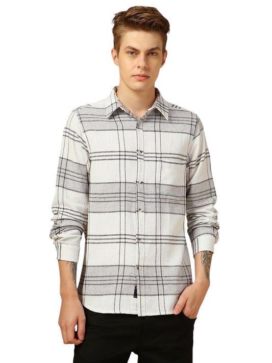 Dennis Lingo Men Relaxed Fit Cotton Full Sleeves Checks Casual Shirts Off White